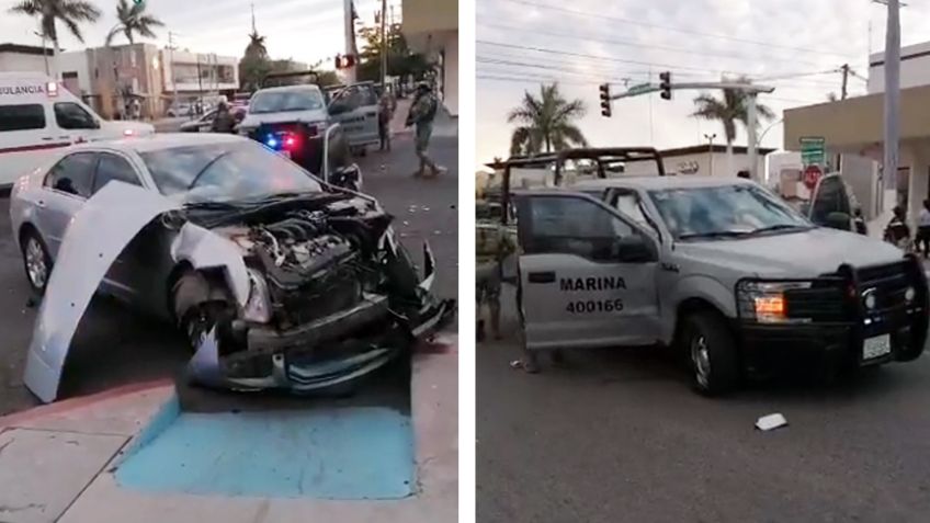 Patrulla de Marina se pasa semáforo y provoca fuerte choque en Ciudad Obregón; hay una herida