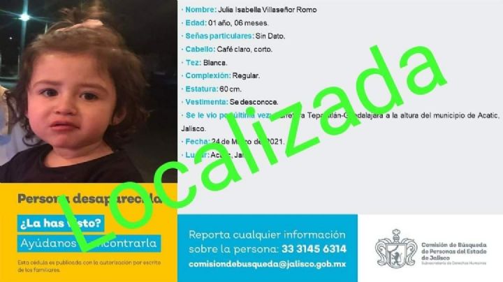 Hallan con vida a Julia Villaseñor, menor de un año desaparecida con su familia en Jalisco