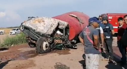 Dos personas quedan prensadas en fuerte choque de camión cisterna en el Valle del Yaqui