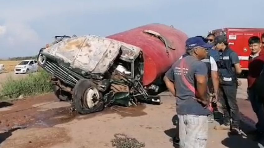 Dos personas quedan prensadas en fuerte choque de camión cisterna en el Valle del Yaqui