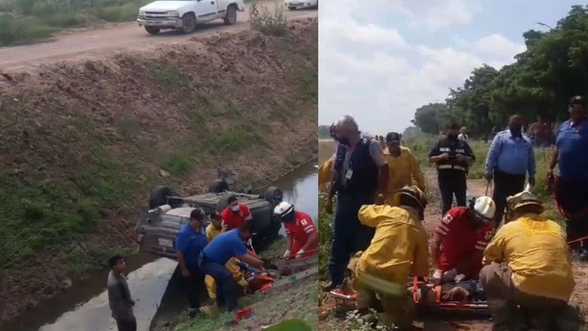 Vehículo cae a un dren tras perder el control al sur de Ciudad Obregón; hay una mujer prensada