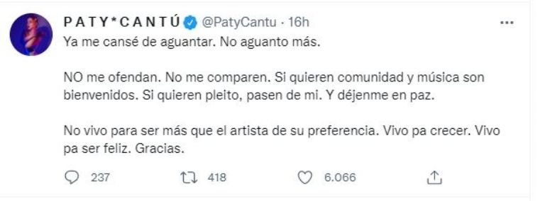 Tuit de Paty Cantú 