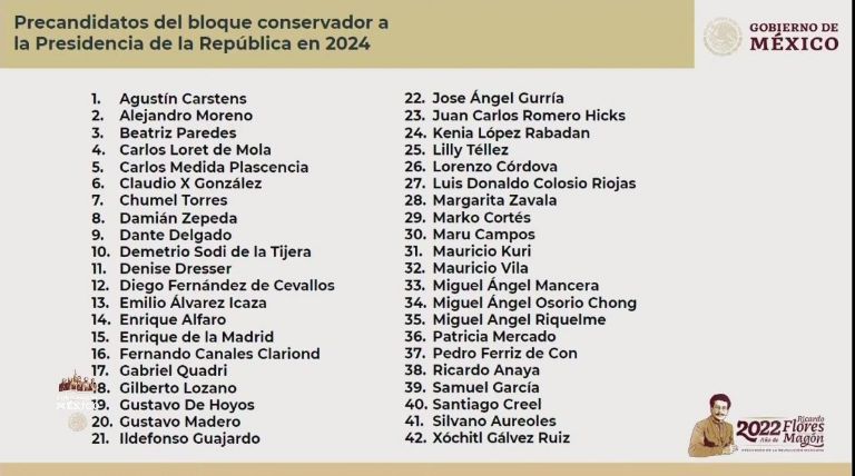 En la imagen, la lista de los 42 posibles aspirantes a la presidencia de México por parte de la oposición. Foto: Gobierno de México