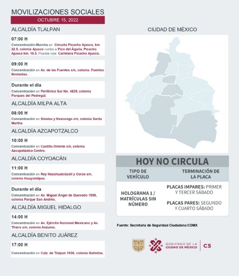 C5 informa marchas para este sábado. Foto: Twitter