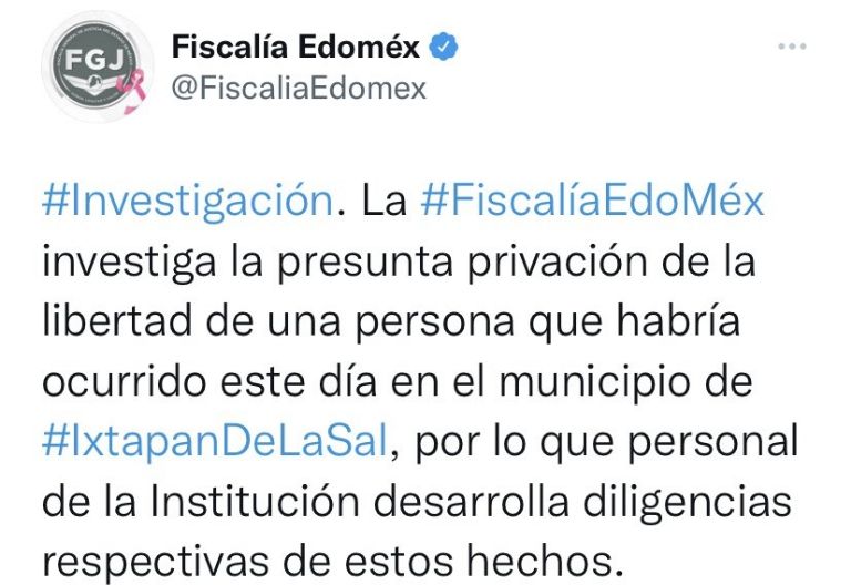 FGJ-EM investiga secuestro de hermana de alcalde. Foto: Twitter