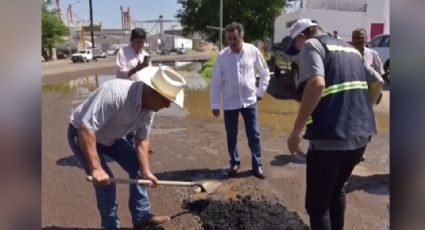 Lamarque Cano, alcalde de Cajeme, analiza el nuevo material para obras de bacheo