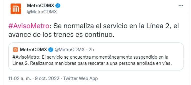 Metro de la CDMX funciona con normalidad tras accidente. Foto: Twitter