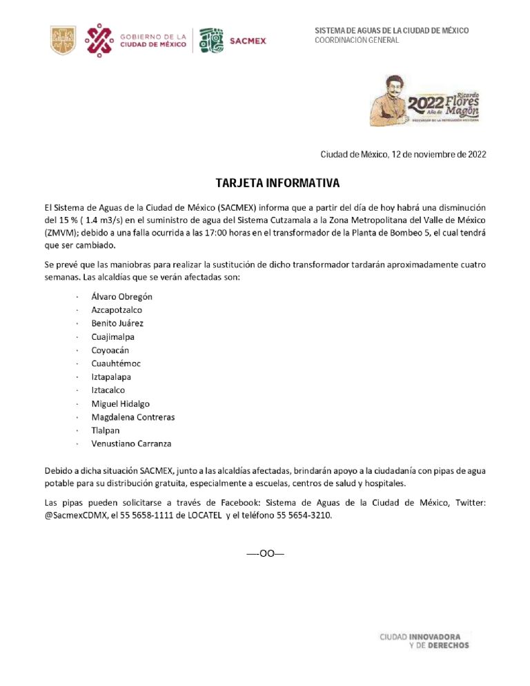 Reducción de agua CDMX 