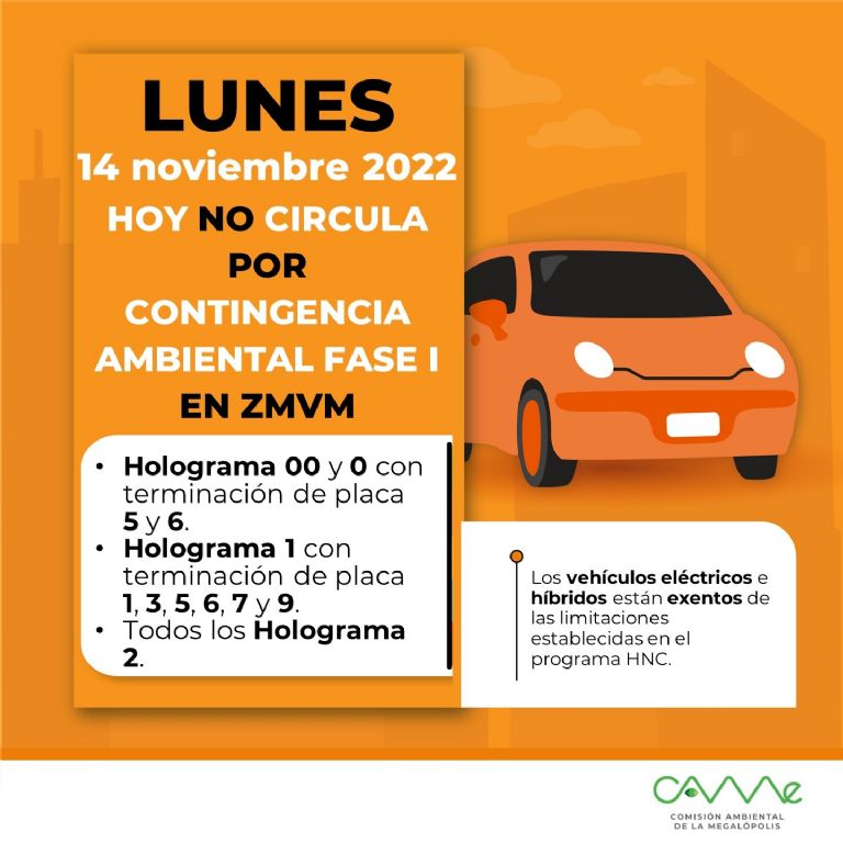 Consulta el programa Hoy No Circula para este lunes 14 de noviembre. Foto: CAMe