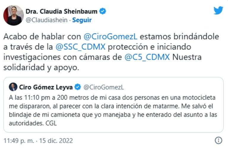 Sheinbaum promete protección y justicia a Gómez Leyva. Foto: Twitter