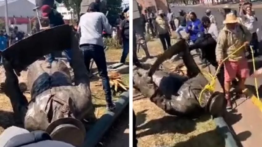 VIDEO: Derriban y decapitan estatua en Morelia por promover "racismo y discriminación"