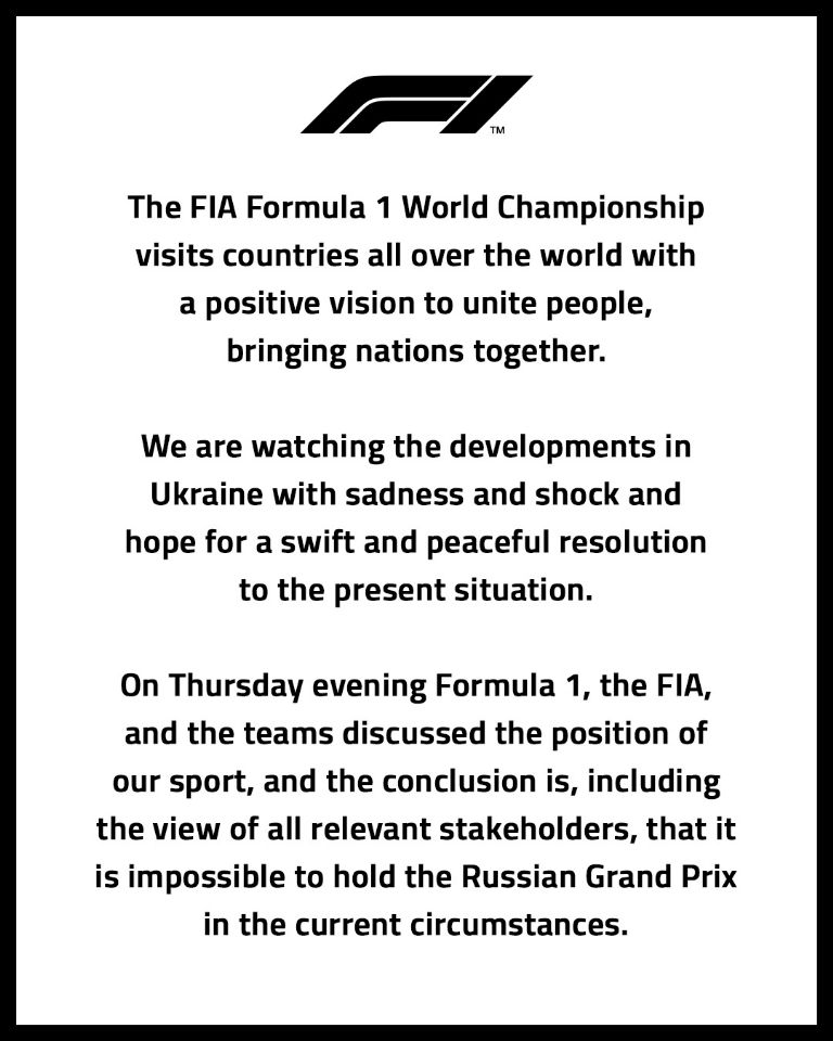 En la imagen, el comunicado oficial de la F1 sobre el Gran Premio de Rusia