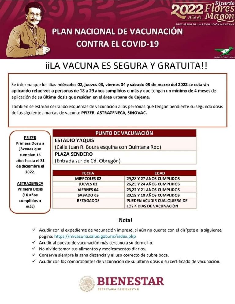 En la imagen, convocatoria para recibir vacuna de refuerzo en Cajeme