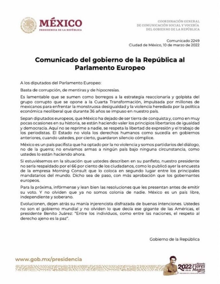 En la imagen, la carta que AMLO envió al Parlamento Europeo la semana pasada