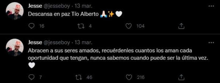 En la imagen, el mensaje que compartió Jesse en sus redes sociales sobre la muerte de su tío
