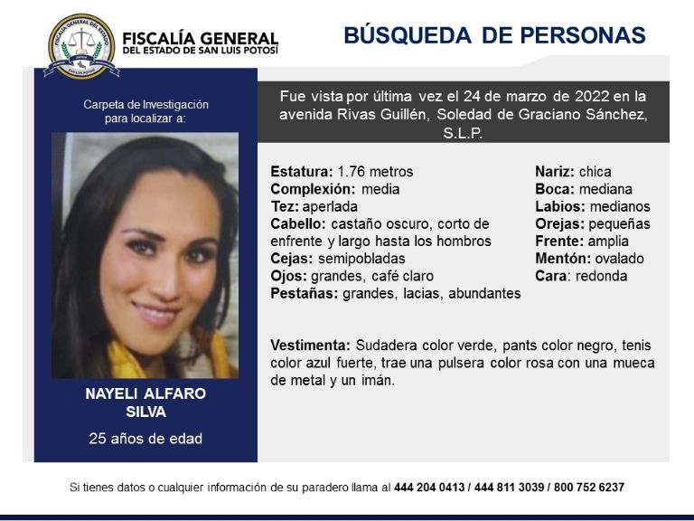 Nayeli Alfaro está desaparecida desde el 24 de marzo, en SLP.