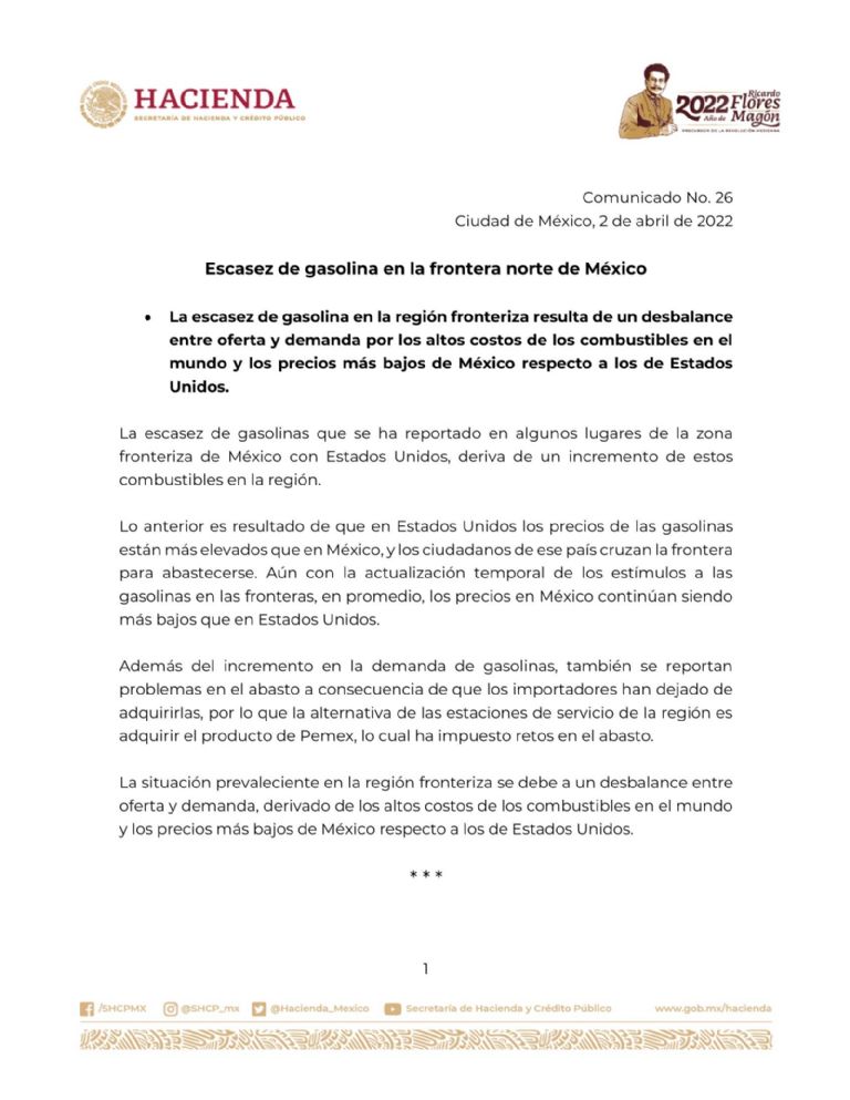 En la imagen, el comunicado de la Secretaría de Hacienda sobre el corte de subsidios en la frontera de EU
