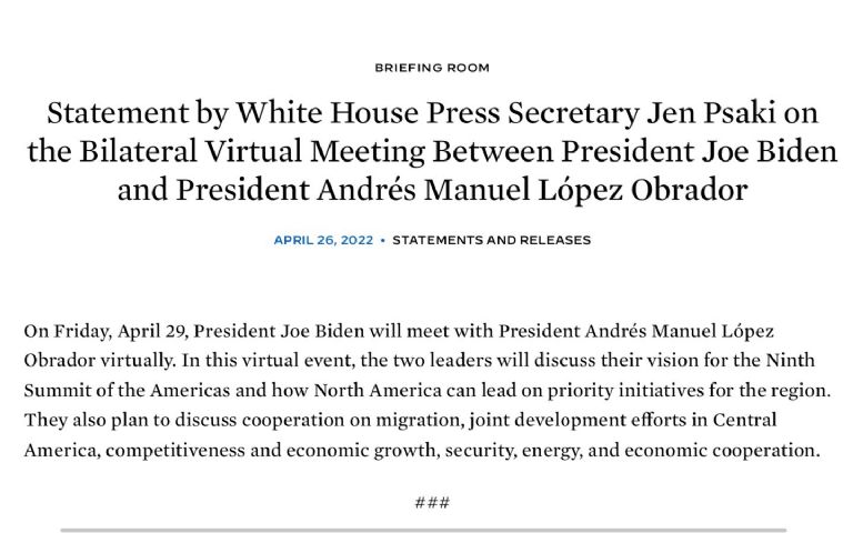 En la imagen, Casa Blanca anuncia reunión entre AMLO y Joe Biden