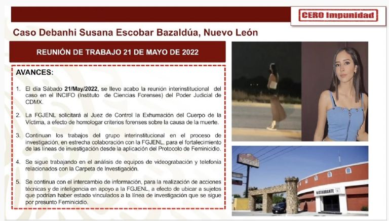 En la imagen, SSPC presenta información sobre el feminicidio de Debanhi Escobar. Créditos: Gobierno de México