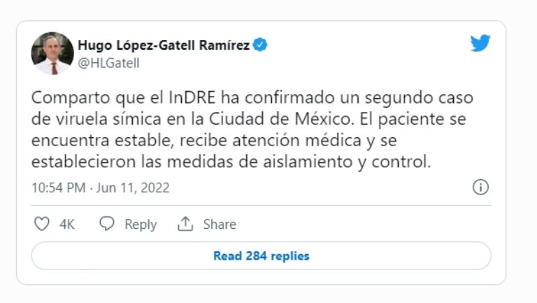 Autoridades confirman segundo caso de viruela del mono en CDMX. Foto: Twitter