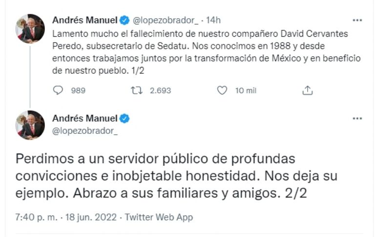 Presidente AMLO lamenta la muerte del subsecretario de Sedatu. Foto: Twitter