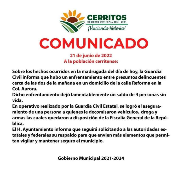 Autoridades informan sobre enfrentamiento en Cerritos, SPL. Foto: Twitter