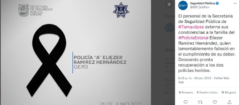SSP de Tamaulipas lamenta muerte de un efectivo tras agresión armada. Foto: Twitter