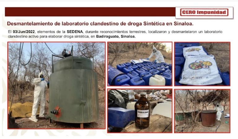 En la imagen, SSPC informa sobre desmantelación de la laboratorio clandestino en Sinaloa. Crédito: Gobierno de México