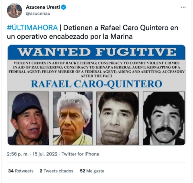Reportan captura de Rafael Caro Quintero 