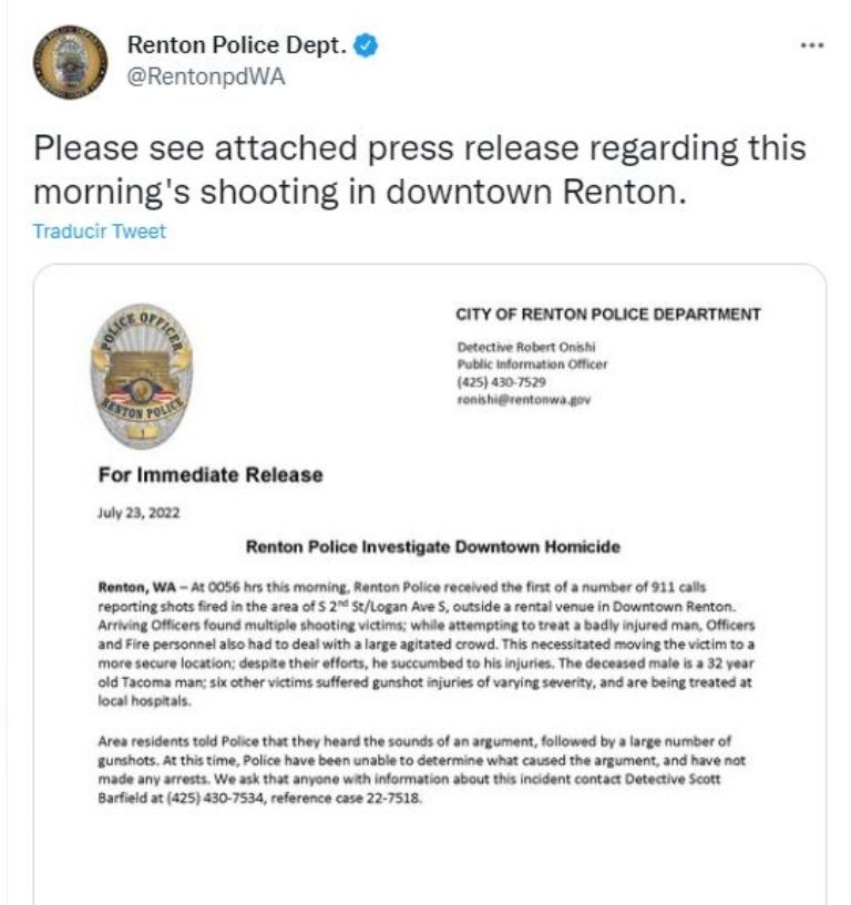 Comunicado del departamento de policía de Renton