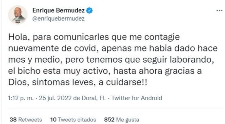 Enrique el 'Perro' Bermúdez se recontagia de Covid-19