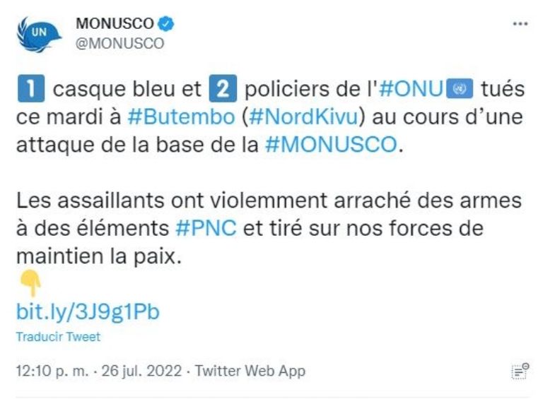 Publicación de Twitter de MONUSCO