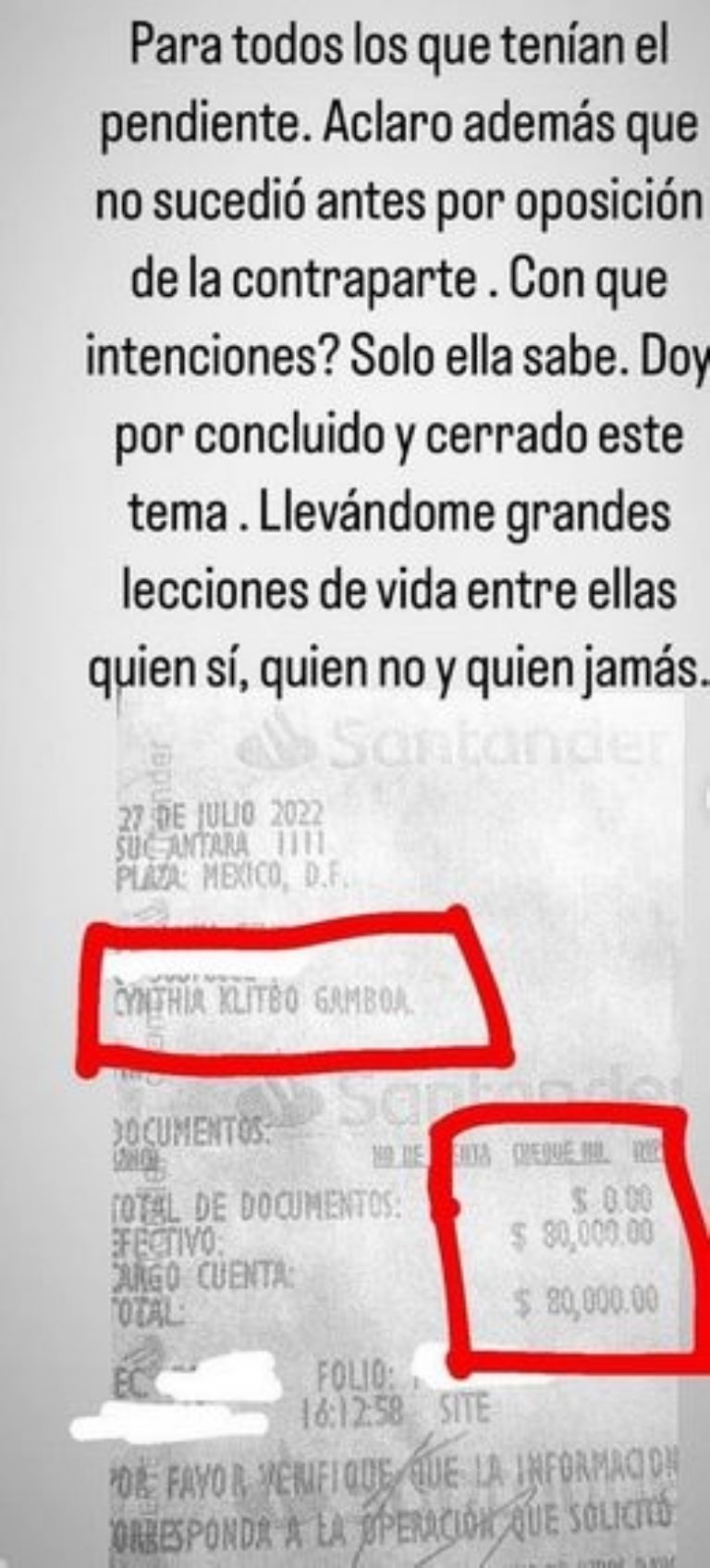 Ticket del pago a Cynthia Klitbo