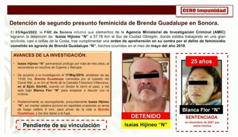 Información sobre los detenidos por el feminicidio de Brenda Guadalupe, ocurrido en Ciudad Obregón. Foto: Gobierno de México