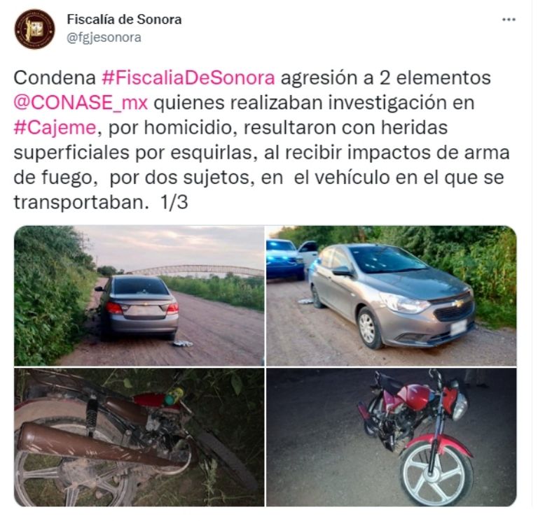 FGJE de Sonora informa sobre agresión armada a elementos de la Conase. Foto: Twitter
