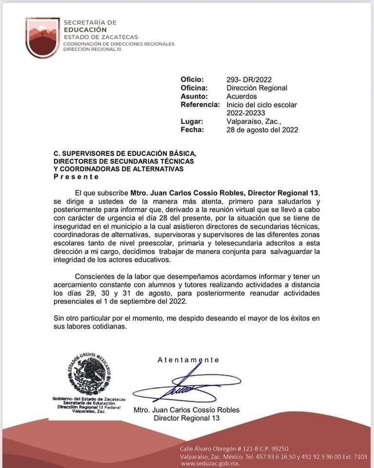 Por violencia, suspenden regreso a clases en Fresnillo, Zacatecas. Foto: Twitter