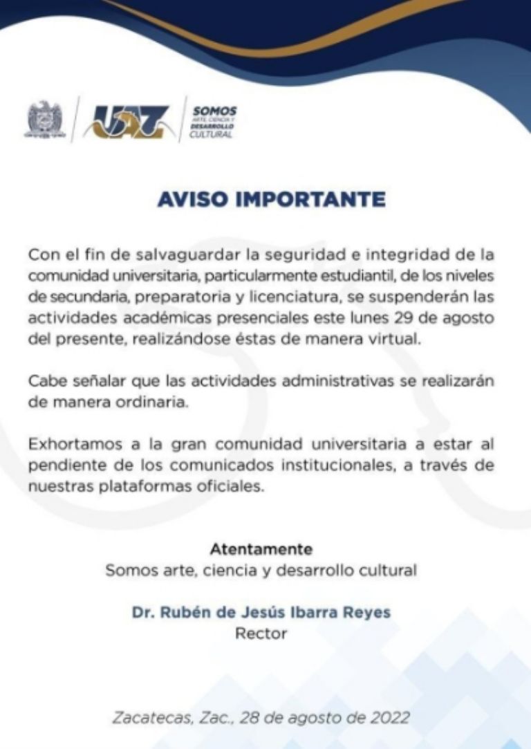 Por violencia, suspenden regreso a clases en Fresnillo, Zacatecas. Foto: Twitter