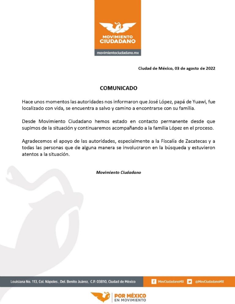 En la imagen, el comunicado de Movimiento Ciudadano sobre la aparición del padre de Yuawi López. Foto: Twitter