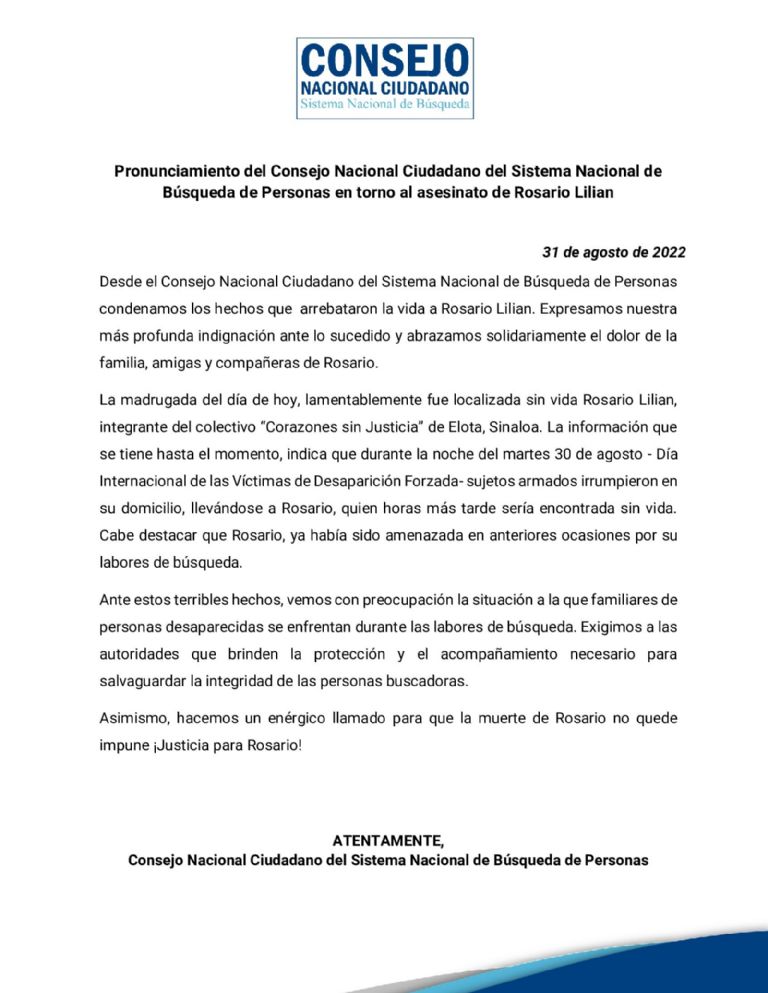 Pronunciamiento por el asesinato de la buscadora Rosario Lilian. Foto: Twitter