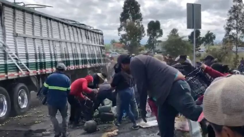 VIDEO: Tráiler con limones se vuelca en Edomex y pobladores se roban la mercancía