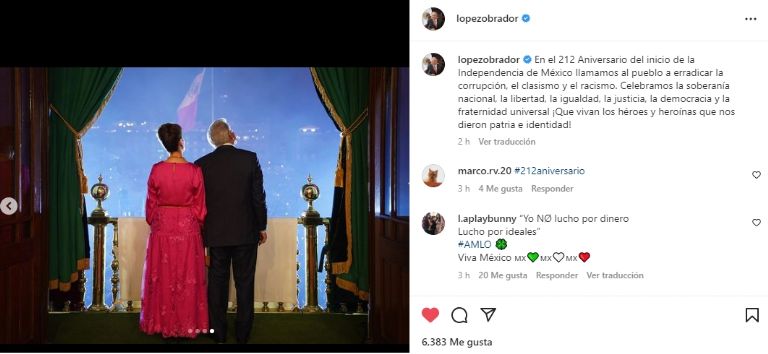 En la imagen, el mensaje del presidente AMLO tras El Grito de Independencia. Foto: Instagram