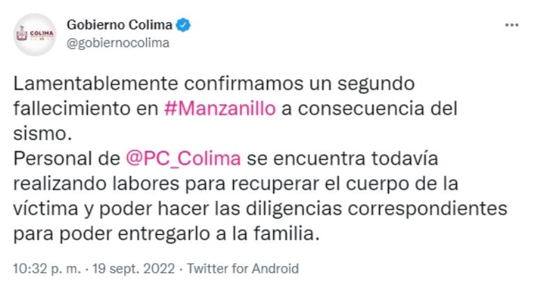 Autoridades confirman dos muertos en Colima tras el sismos del 19S. Foto: Twitter