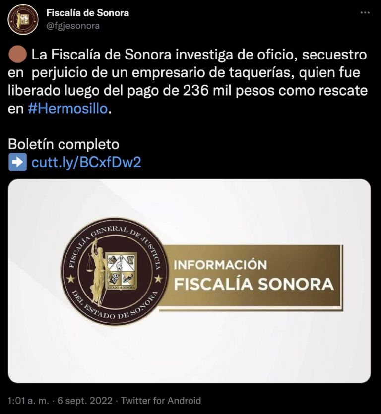 FGJE Sonora investiga sobre el secuestro de un empresario ocurrido en Hermosillo. Foto: Twitter