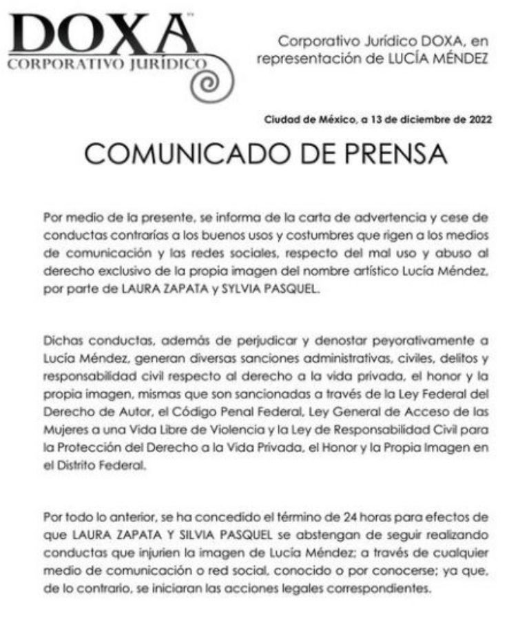 Comunicado de Lucía Méndez