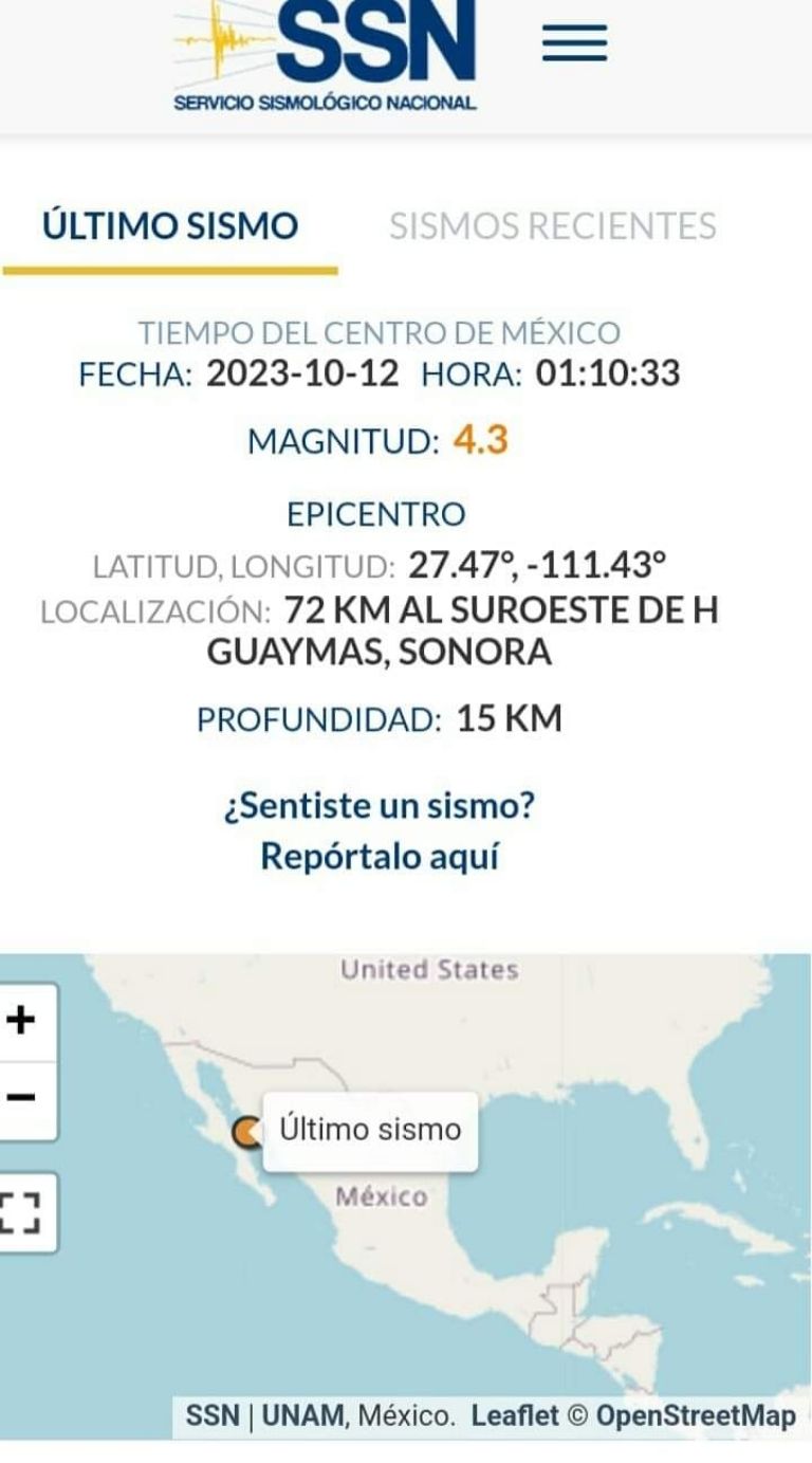 Información sobre temblores en Guaymas, Sonora. Foto: Internet