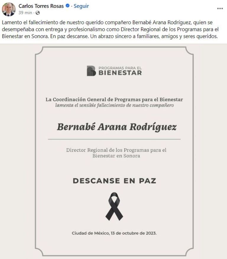 Lamentan muerte de Bernabé Arana