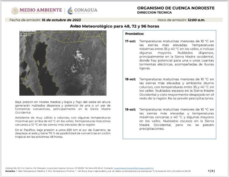 Clima en Sonora para hoy, martes 17 de octubre. Foto: Conagua