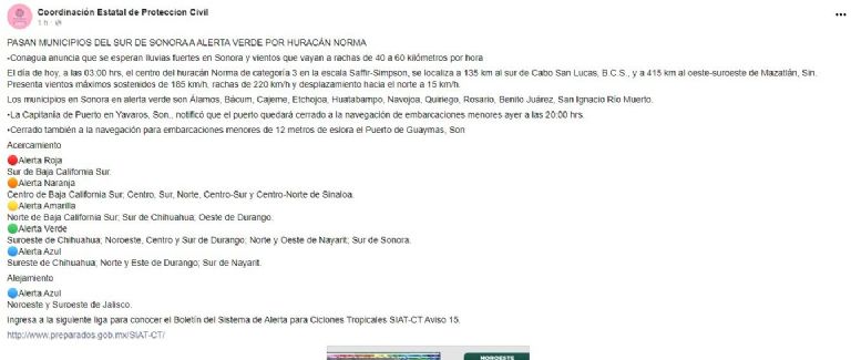 Cajeme y algunos municipios de Sonora pasan a alerta verde por huracán Norma