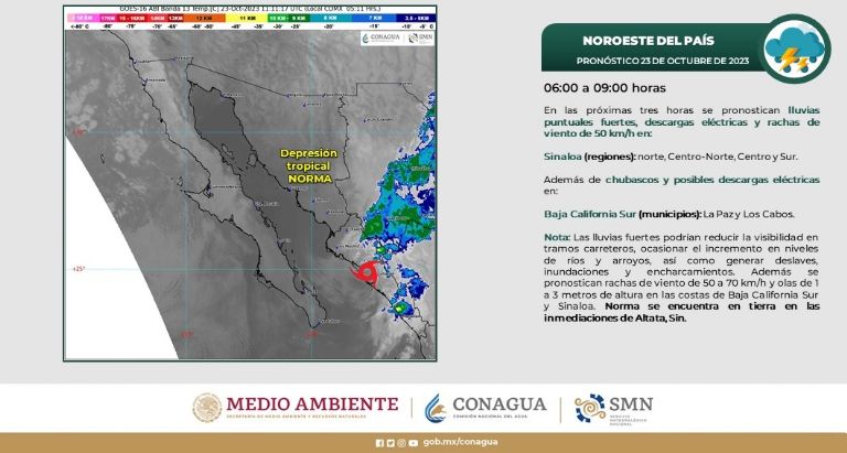 Depresión tropical 'Norma' causará lluvias. Foto: Conagua