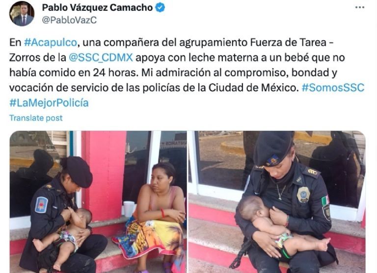 Mujer policía de la CDMX amamanta a bebé con 24 horas sin comer en Acapulco